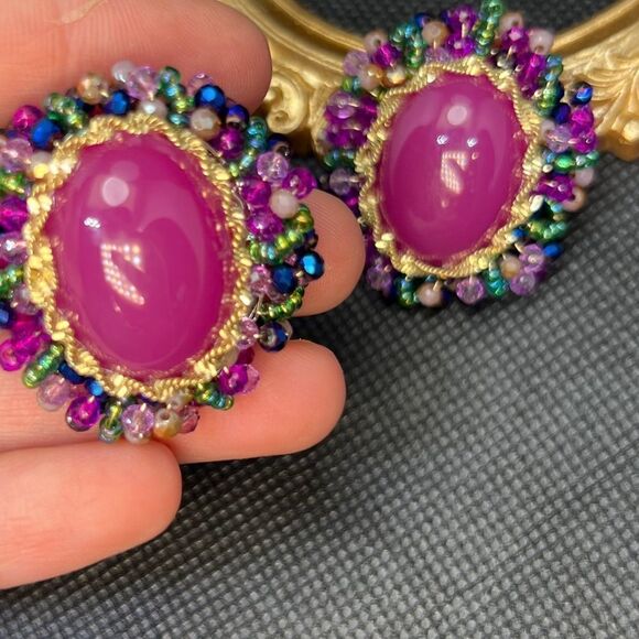 Vibrant Pink Oval Stud Earrings with Multi Color Crystal Details - Picture 7 of 8